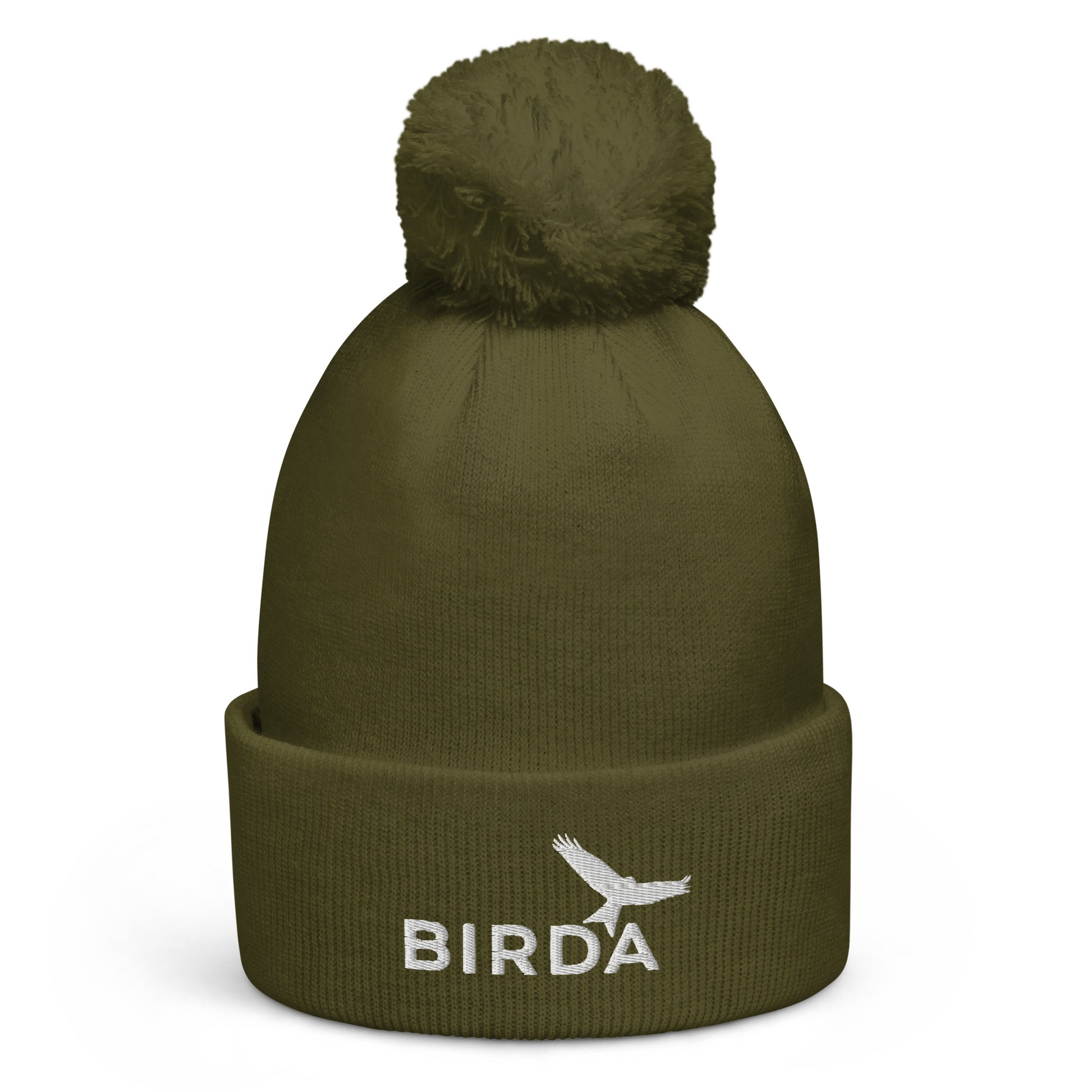 Birda Bird Cuffed Pom-Pom beanie in moss green