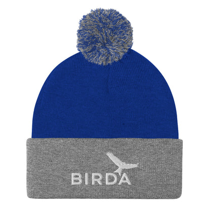 Bird Pom-pom beanie in grey and royal navy